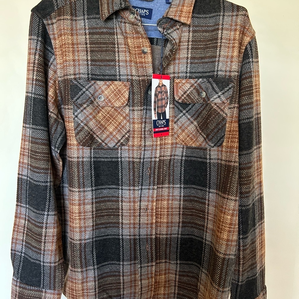 Chaps Blue, Grey and Brown Plaid Knit Flannel Shirt